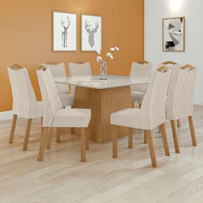 Conjunto Mesa 130cm Nevada com Vidro Plus com 8 Cadeiras Venus Amêndoa Clean/Off White/Bege