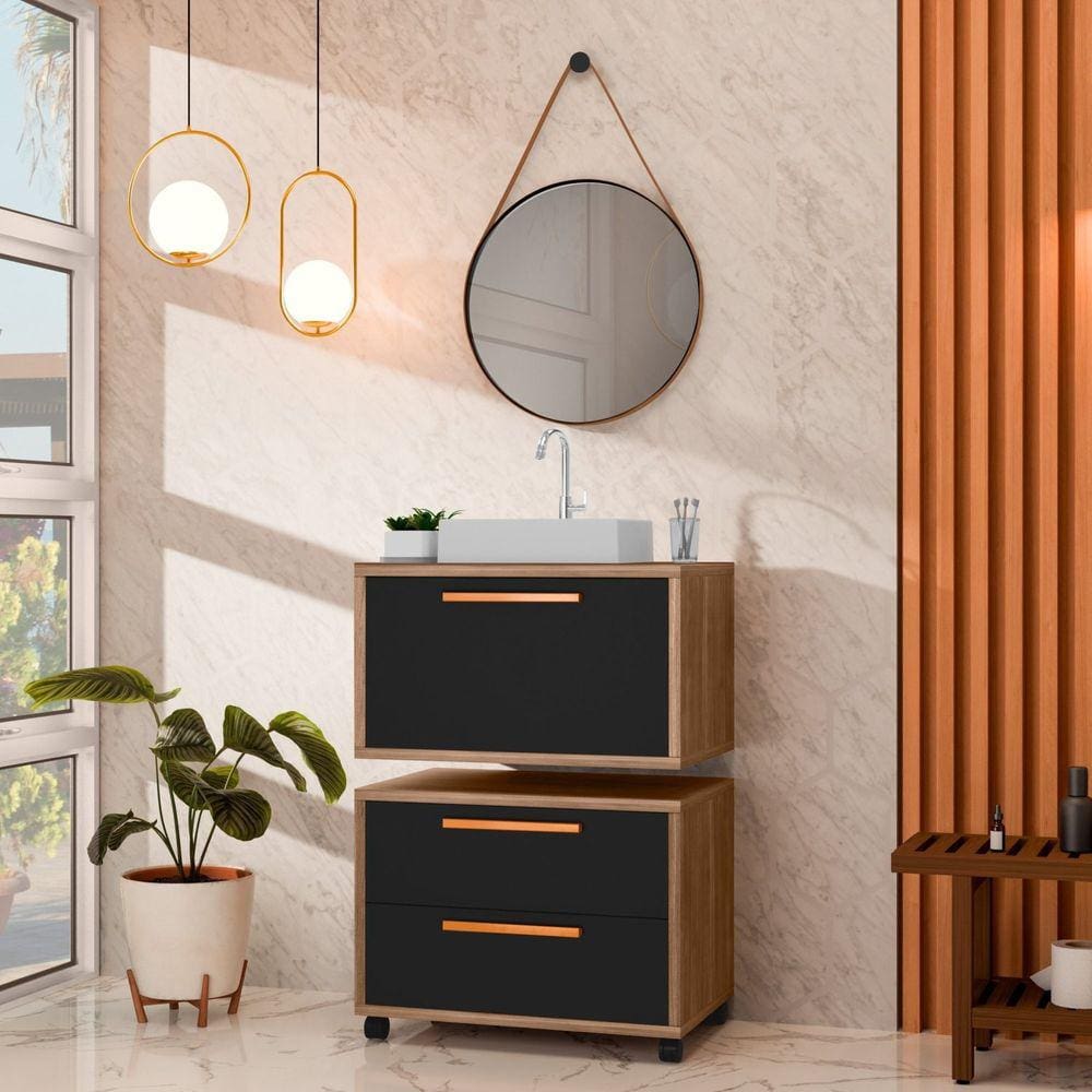 Conjunto Gabinete para Banheiro com Rodízio, Cuba e Espelho Kyoto 60 Avelato / Preto