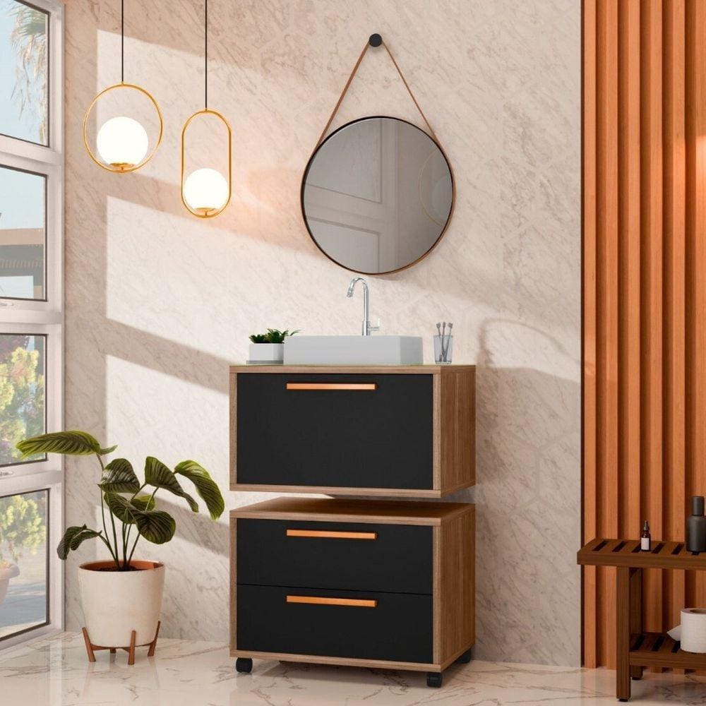 Conjunto Gabinete para Banheiro com Rodízio, Cuba e Espelho Kyoto 60 com Tampo de Vidro Avelato / Preto