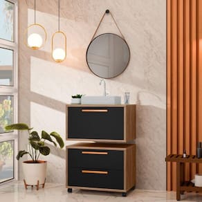 Conjunto Gabinete para Banheiro com Rodízio, Cuba e Espelho Kyoto 60 com Tampo de Vidro Avelato / Preto