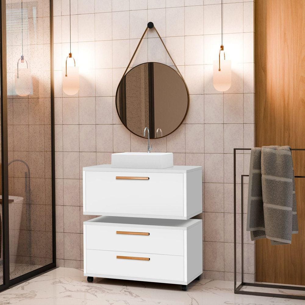 Conjunto Gabinete para Banheiro com Rodízio, Cuba e Espelho Kyoto 80 Branco