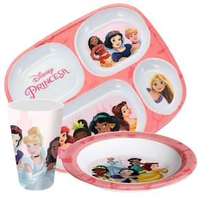 Jogo Refeição Infantil Princesas Disney 3 Peças Prato Divisória, Prato Fundo e Copo Melamina - Tuut