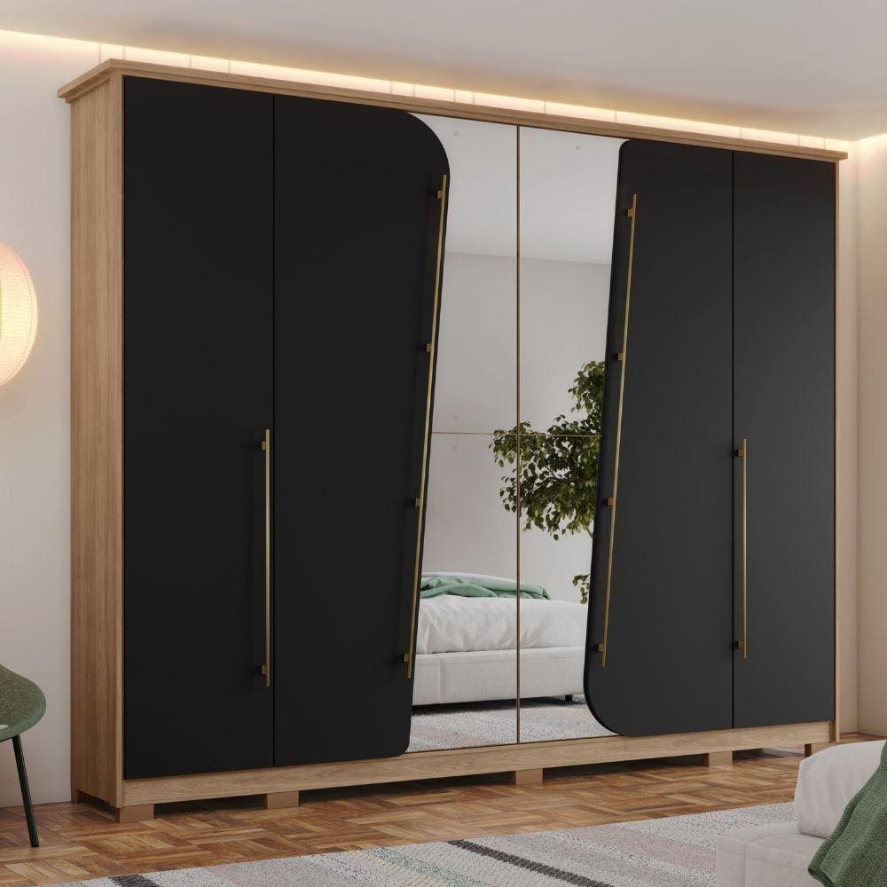 Guarda Roupa Casal Atalaia 6 Portas Com Espelho Henn Jequetiba/preto