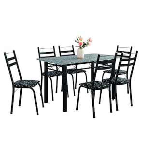 Conjunto De Mesa Itália Com 6 Cadeiras 1,40m Preto/Floral Granito Artefamol