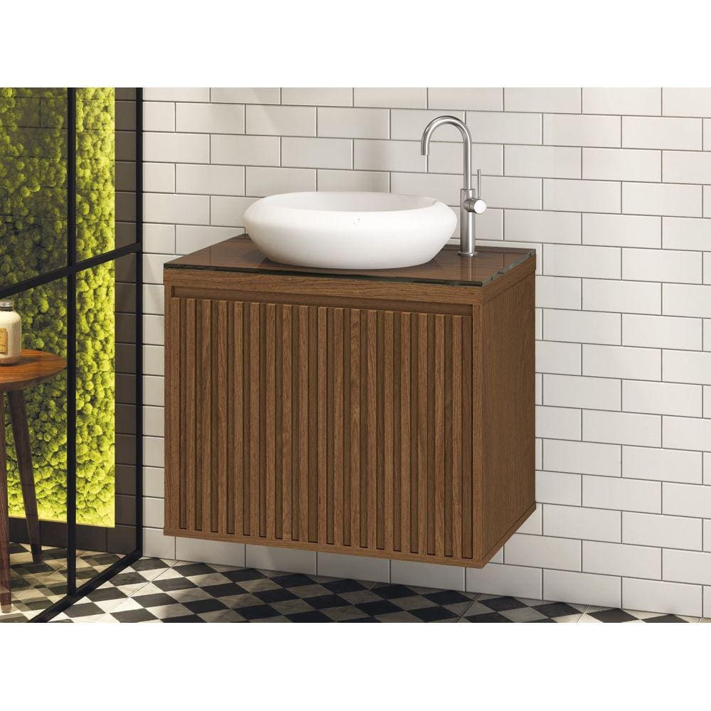 Gabinete De Banheiro Ripado 60 Com Cuba Branca Cor: Marrom