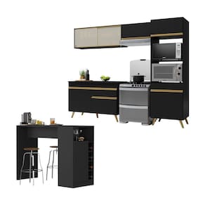 Armário De Cozinha Modulado Com Bancada Americana Multimóveis Mp2209 Preto/dourado Preto/dourado