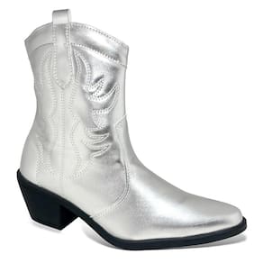 Bota Texana Feminina Prata Bordada Salto Grosso Confortável Bico Fino