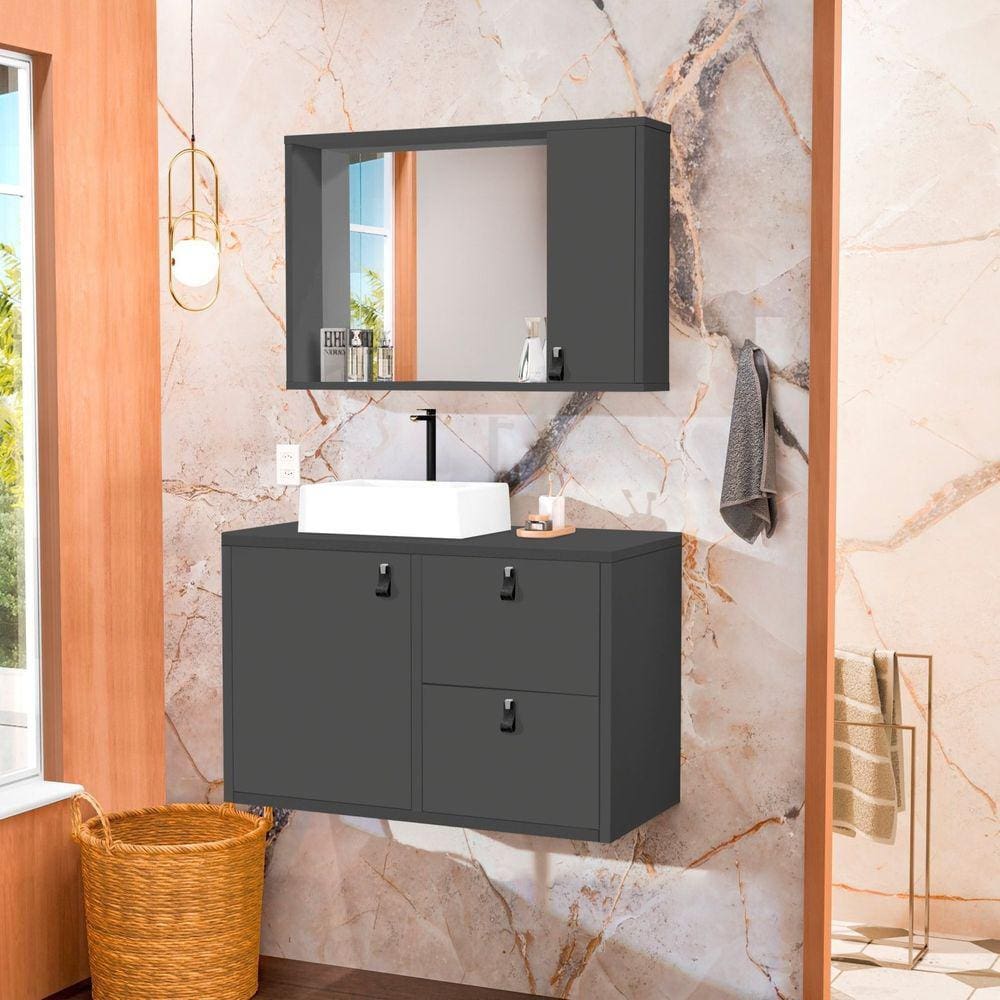 Conjunto Gabinete para Banheiro com Cuba de Sobrepor e Espelheira Toro 80 Cm Grafite