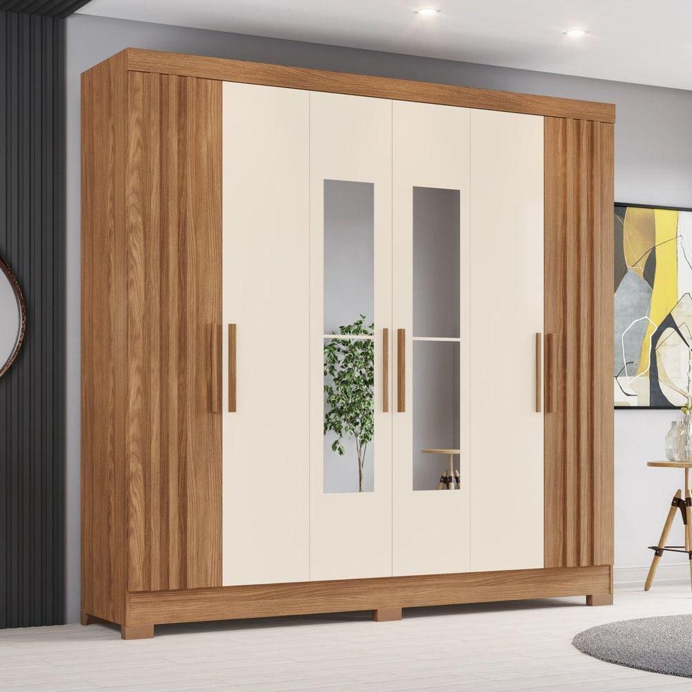 Guarda-roupa 6 Portas com Espelho 3 Gavetas B367 Marrom e Off White