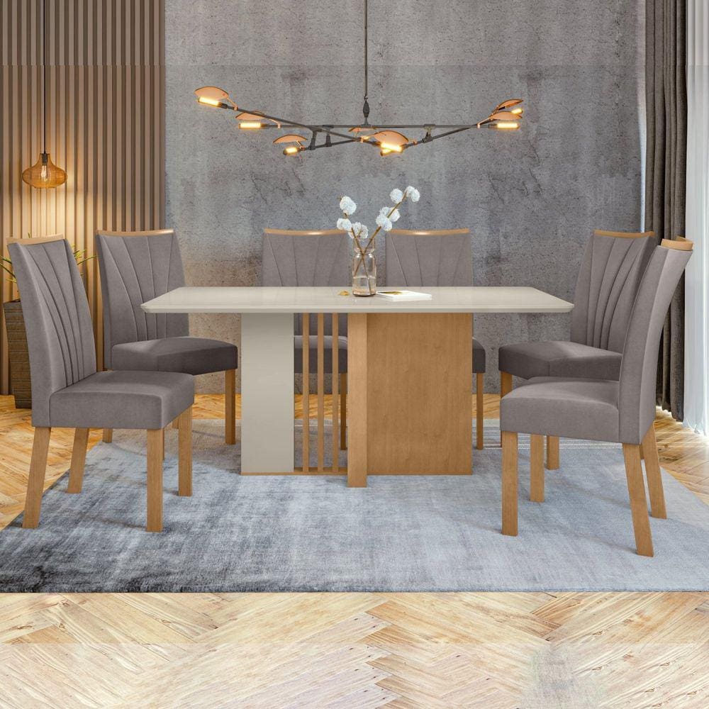 Conjunto Mesa 160cm Astrid com Vidro e 6 Cadeiras Apogeu Amêndoa Clean/Off White/Capuccino