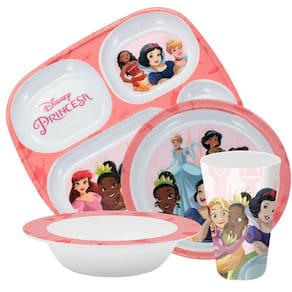 Jogo Refeição Infantil Princesas Disney 4 Peças Bandeja Divisória, Prato Fundo, Tigela e Copo Melamina - Tuut