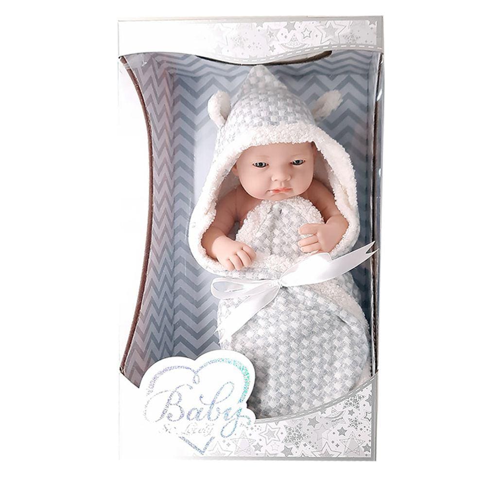 Boneca Bebê Realista Baby So Lovely Grande 38cm com Toalha e Toca Cinza 209-3 - Dorémi