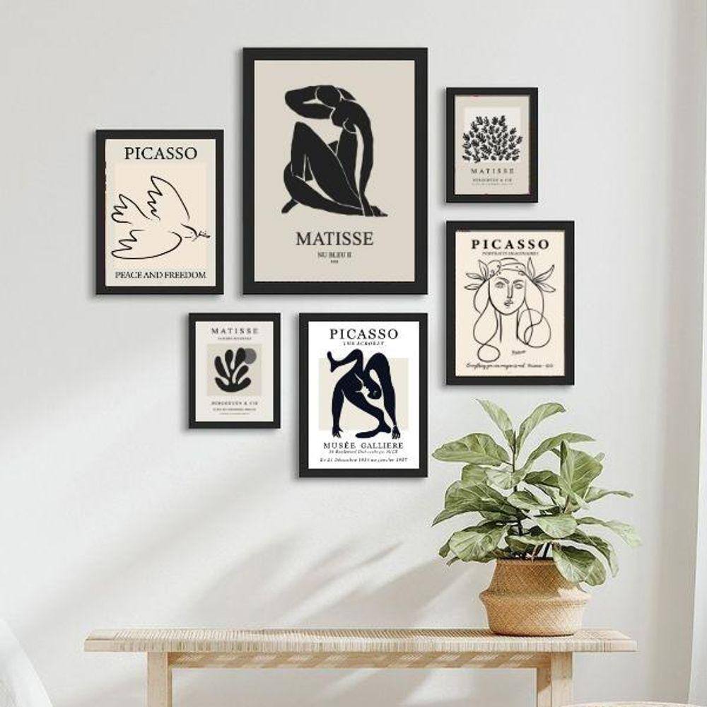 Composição 6 Quadros Cinza Preto - Matisse Picasso