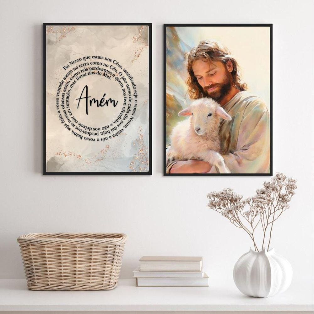 Kit 2 Quadros Jesus Com Cordeiro - Oração 45X34Cm - Vidro