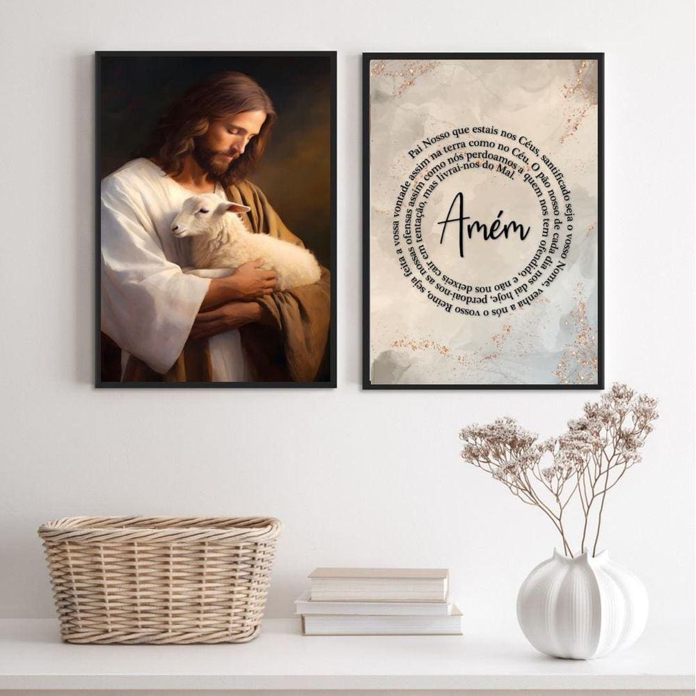 Kit 2 Quadros Jesus Com Ovelha - Pai Nosso 24X18Cm - Vidro
