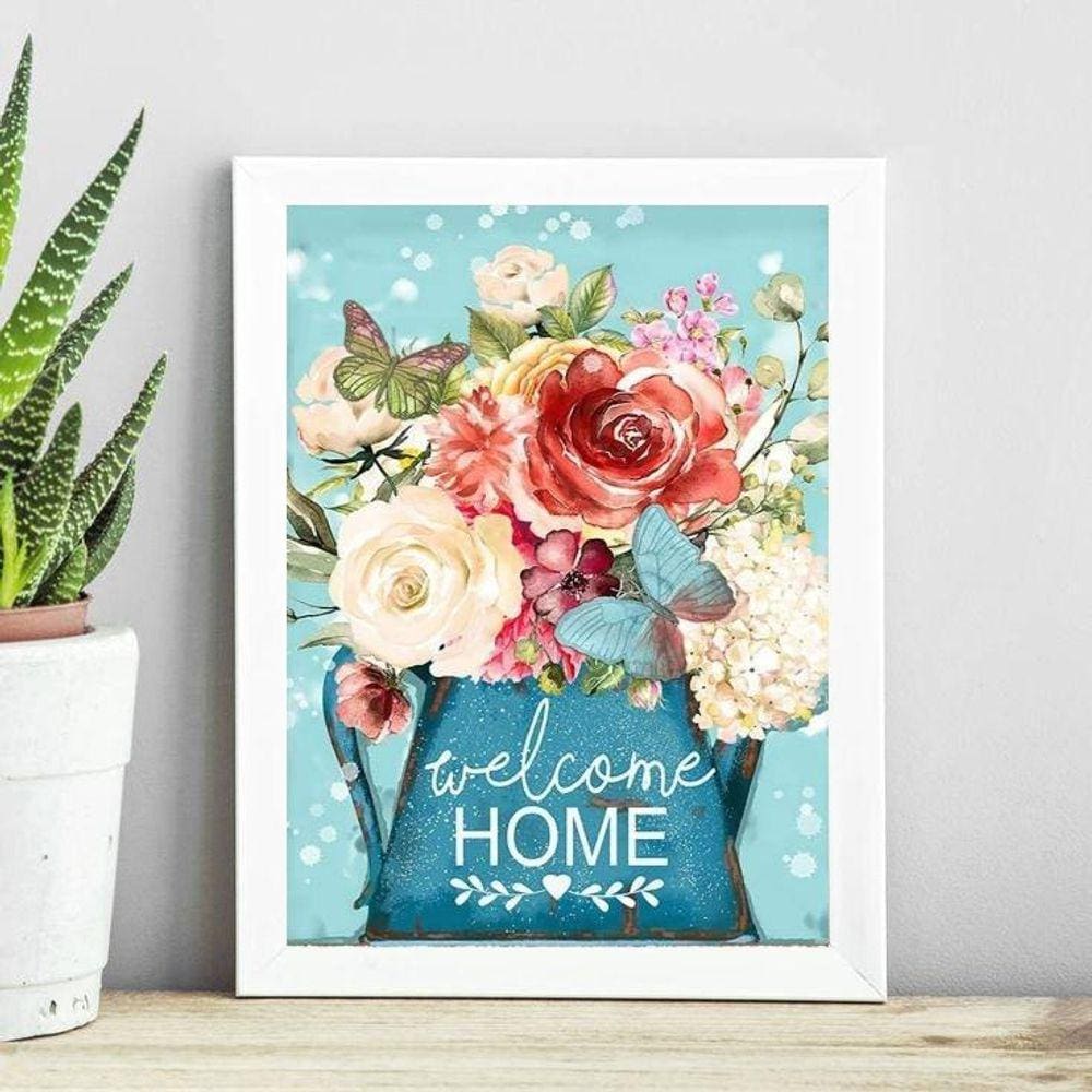 Quadro Welcome Home - Flores E Borboleta 45X34Cm - Com Vidro