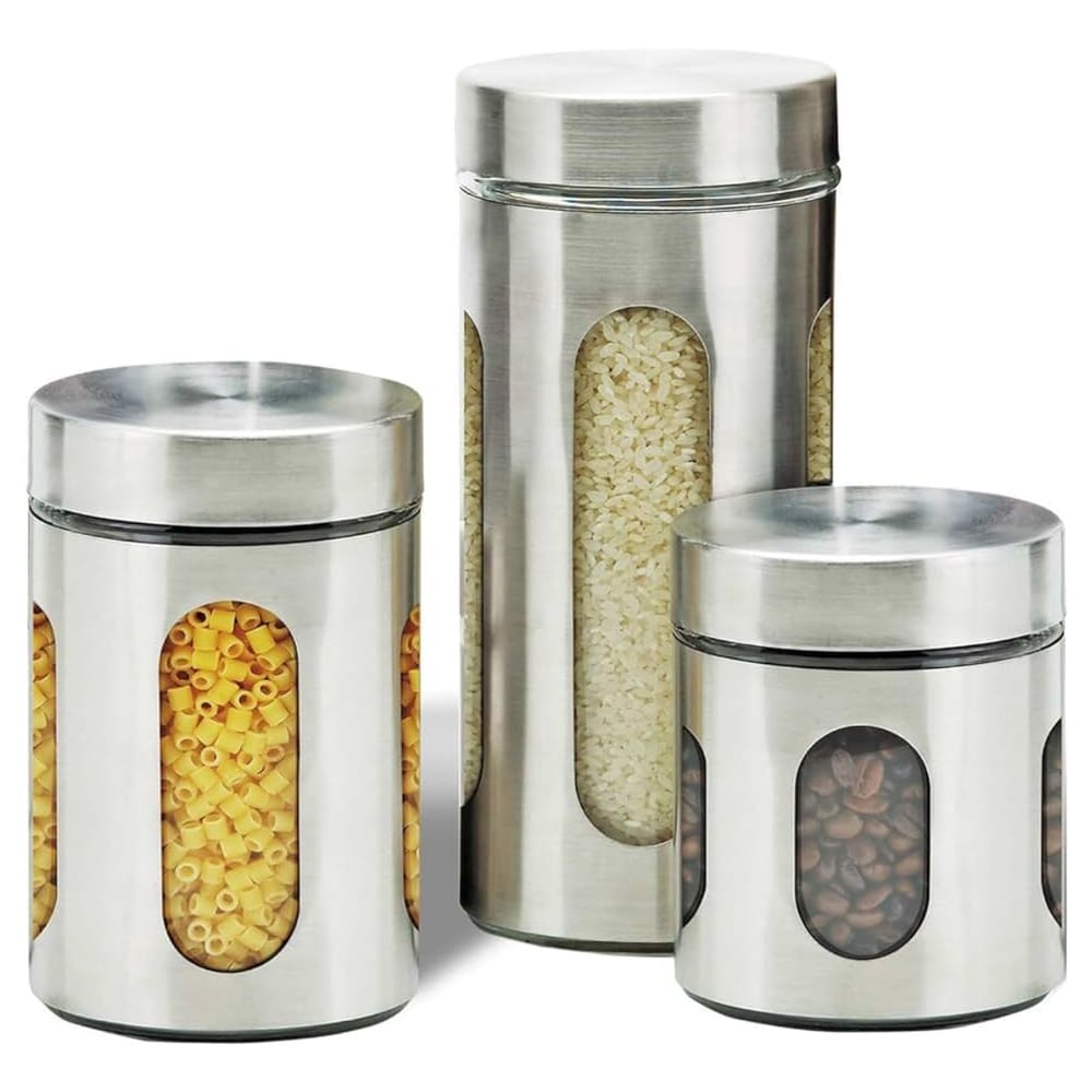 Jogo 3 Potes Tampa Rosca Para Mantimentos Vidro E Aço Inox