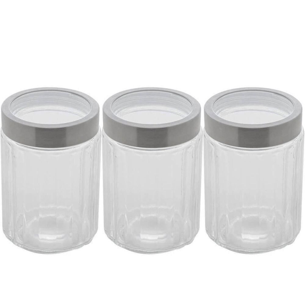 Kit 3 Potes Vidro Borossilicato Lyor 1,2L cada Tampa Prata Sydney Porta Mantimentos Condimentos