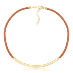 Colar de Couro Natural Caramelo com Canutilho Longo Revestido em Ouro