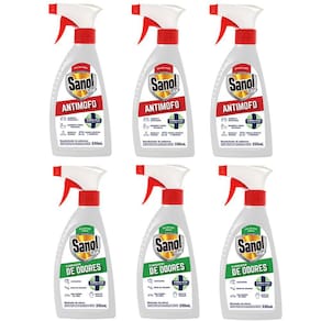 Kit com 3 Eliminador de Odores desagradáveis e 3 Anti Mofo (Eliminador de Mofo) Sanol A7 330ml
