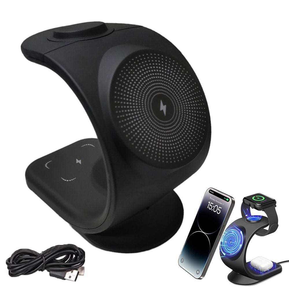 Carregador Induçao Wireless 3 Em 1 Celular Relogio Fone Carregamento Rapido Magnetico 15W Mesa Escrivania Casa Escritorio Balcao Home Office Trabalho