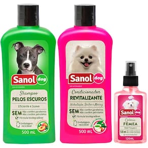 Kit banho cães: Shampoo Pelos Escuros, Condicionador Revitalizante e Perfume colônia Fêmea Sanol