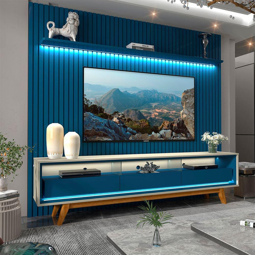 Rack Com Painel Ripado Para TV Até 85 Com Led Nobre 230 Com Pés Madeira Azul Royal - Gelius Móveis
