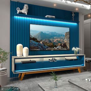 Rack Com Painel Ripado Para TV Até 85 Com Led Nobre 230 Com Pés Madeira Azul Royal - Gelius Móveis