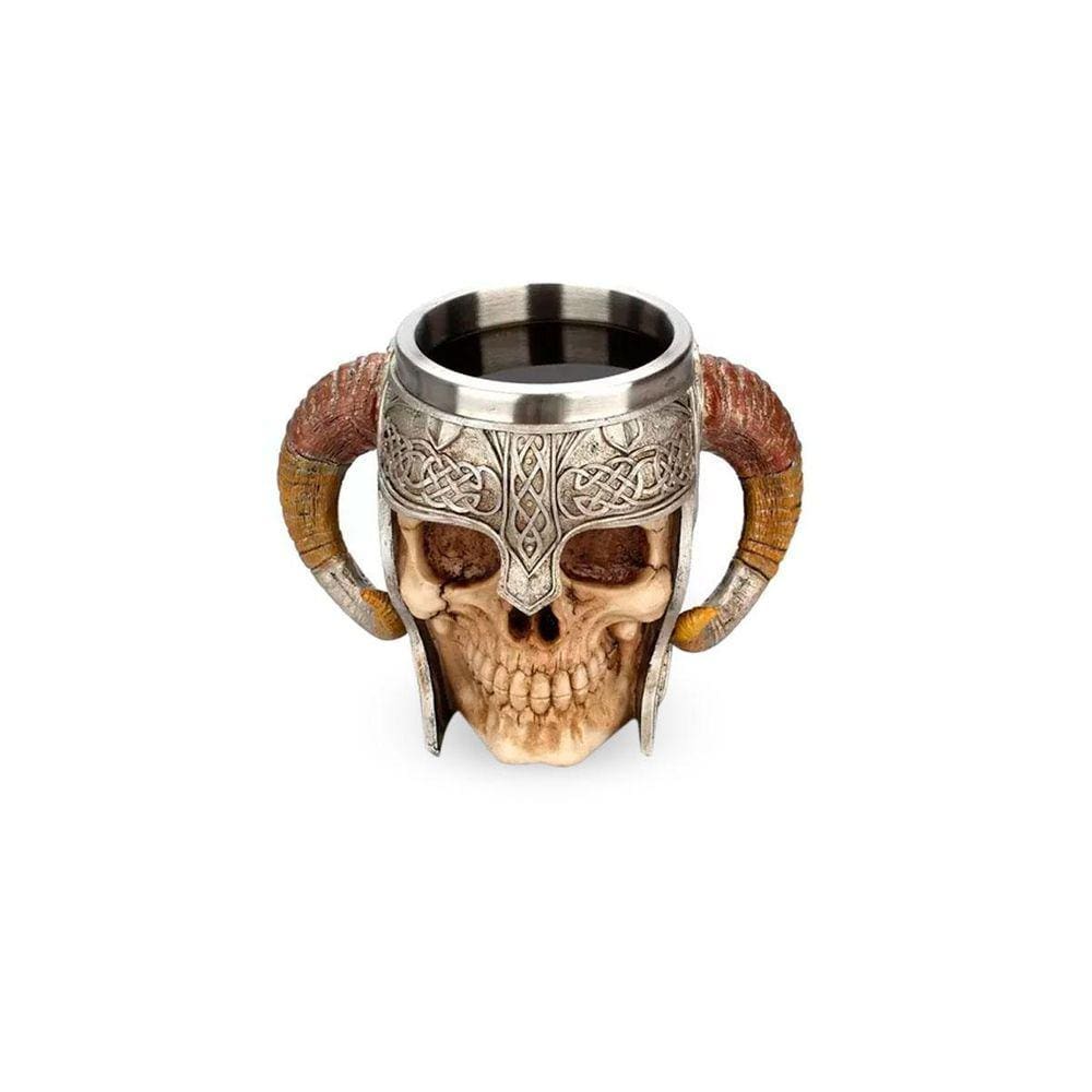 Caneca Caveira Resina 3D Capacete Chifre Nórdico 400Ml Alça