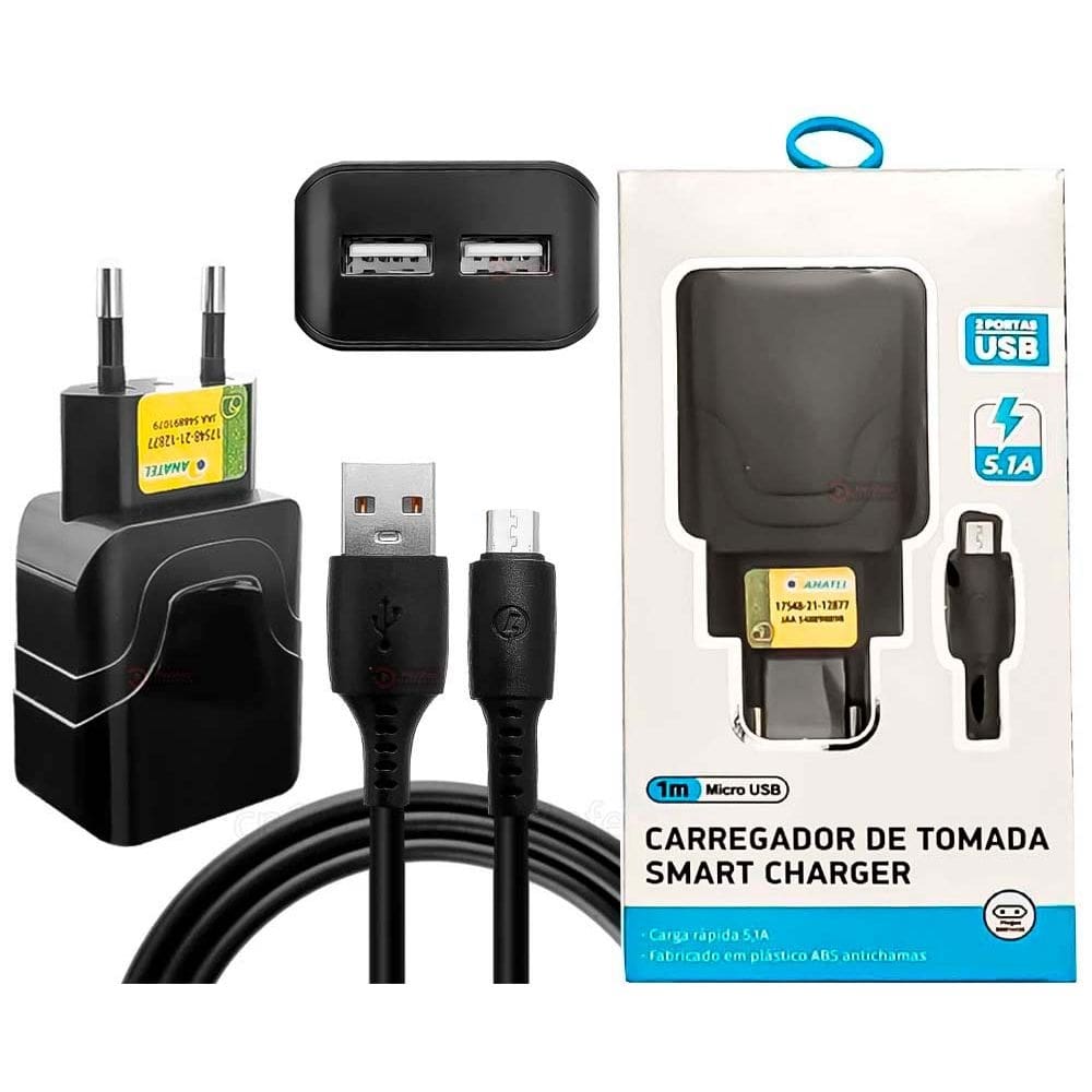 Cabo Micro USB - V8 1m + Carregador Fonte Tomada 2 USB 5.1A Ultra Rápido Resistente - Dados E Caga