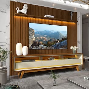 Rack Com Painel Ripado Para TV Até 85 Polegadas Com Led Nobre 230 Kit Pé Castanho Gelius Móveis