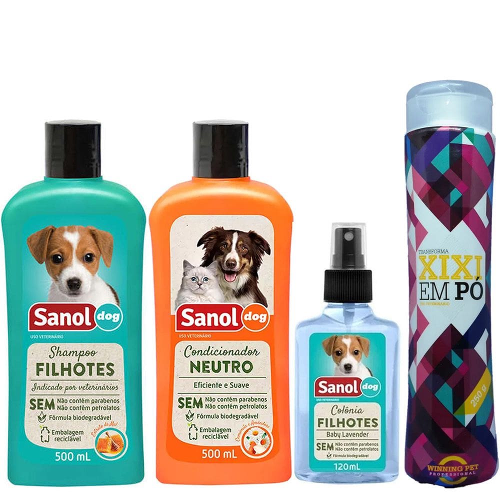 Kit Banho cães filhotes: Shampoo, Condicionador, Perfume para cachorro Sanol + Limpa Seca Xixi (transforma xixi em gel)