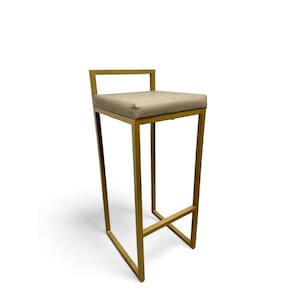 Banqueta Quadro Estofado Bege com Encosto Metalon Dourado