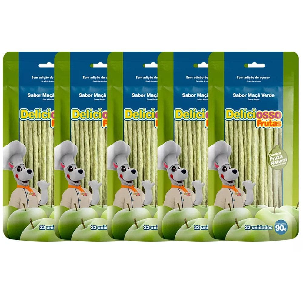 Combo 5 Pacotes Ossinho para Cachorro Palito Fino Deliciosso Maçã Verde 90g