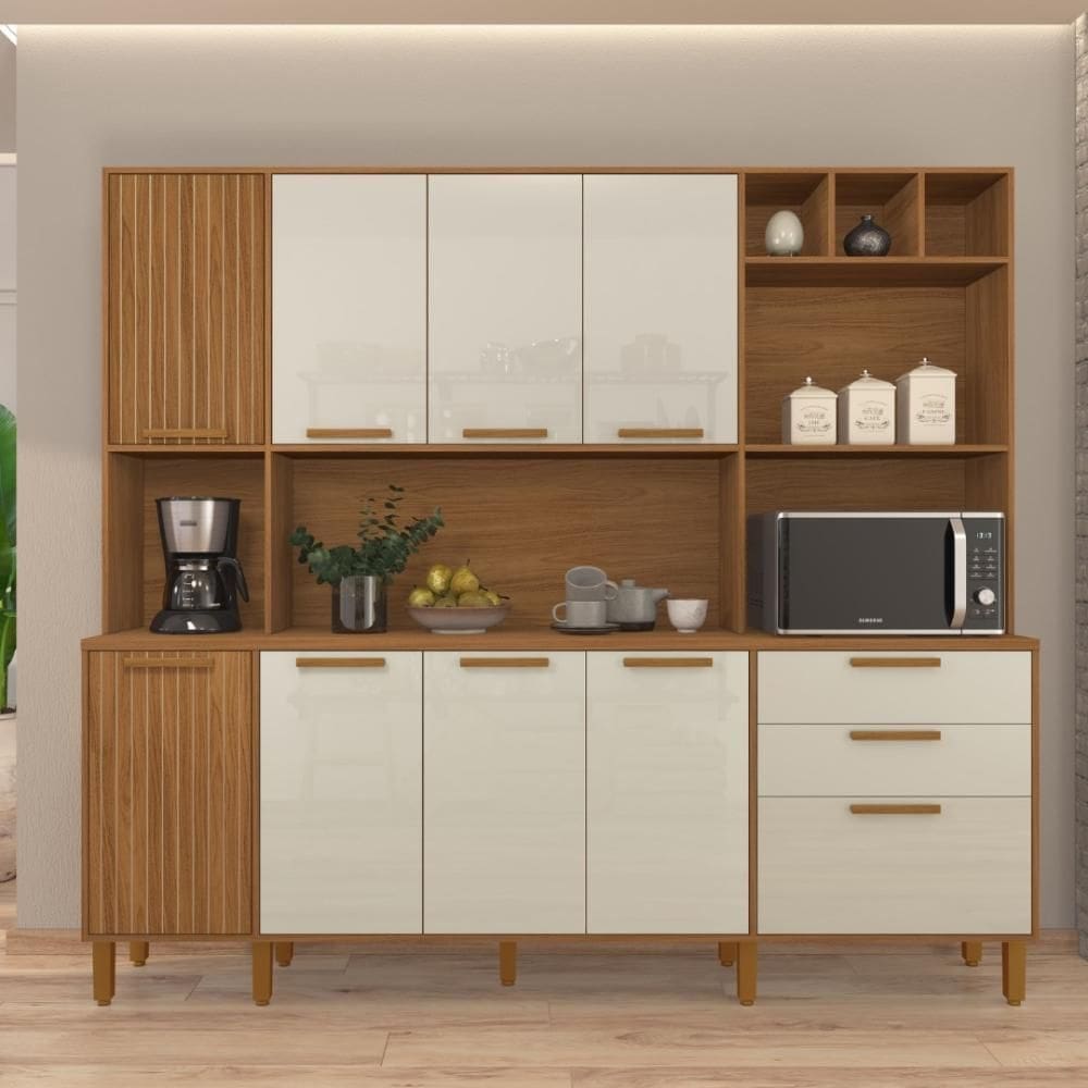 Armário de Cozinha Compacta Fidelitá Provença 219cm 9 Portas 2 Gavetas Freijó/Off-White
