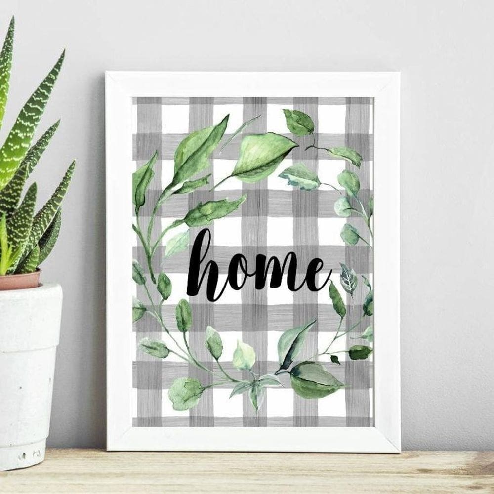 Quadro Home - Cinza Com Folhas 45X34Cm