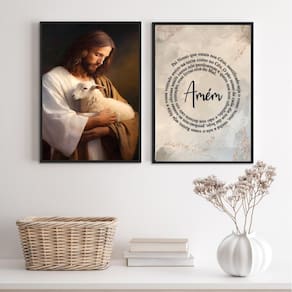 Kit 2 Quadros Jesus Com Ovelha - Pai Nosso 24X18Cm