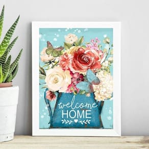 Quadro Welcome Home - Flores E Borboleta 24X18Cm - Com Vidro