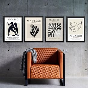 Kit 4 Quadros Preto Cinza - Matisse Picasso 24X18Cm - Vidro
