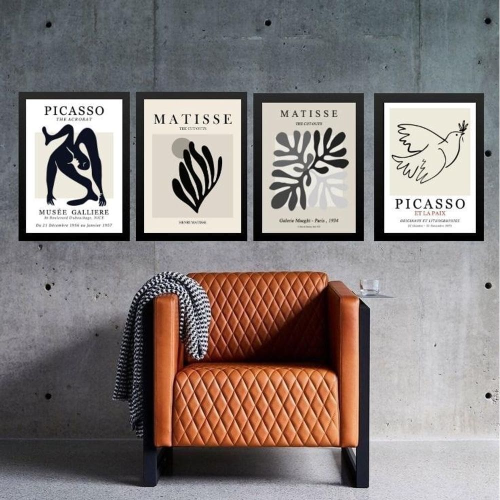 Kit 4 Quadros Preto Cinza - Matisse Picasso 33X24Cm