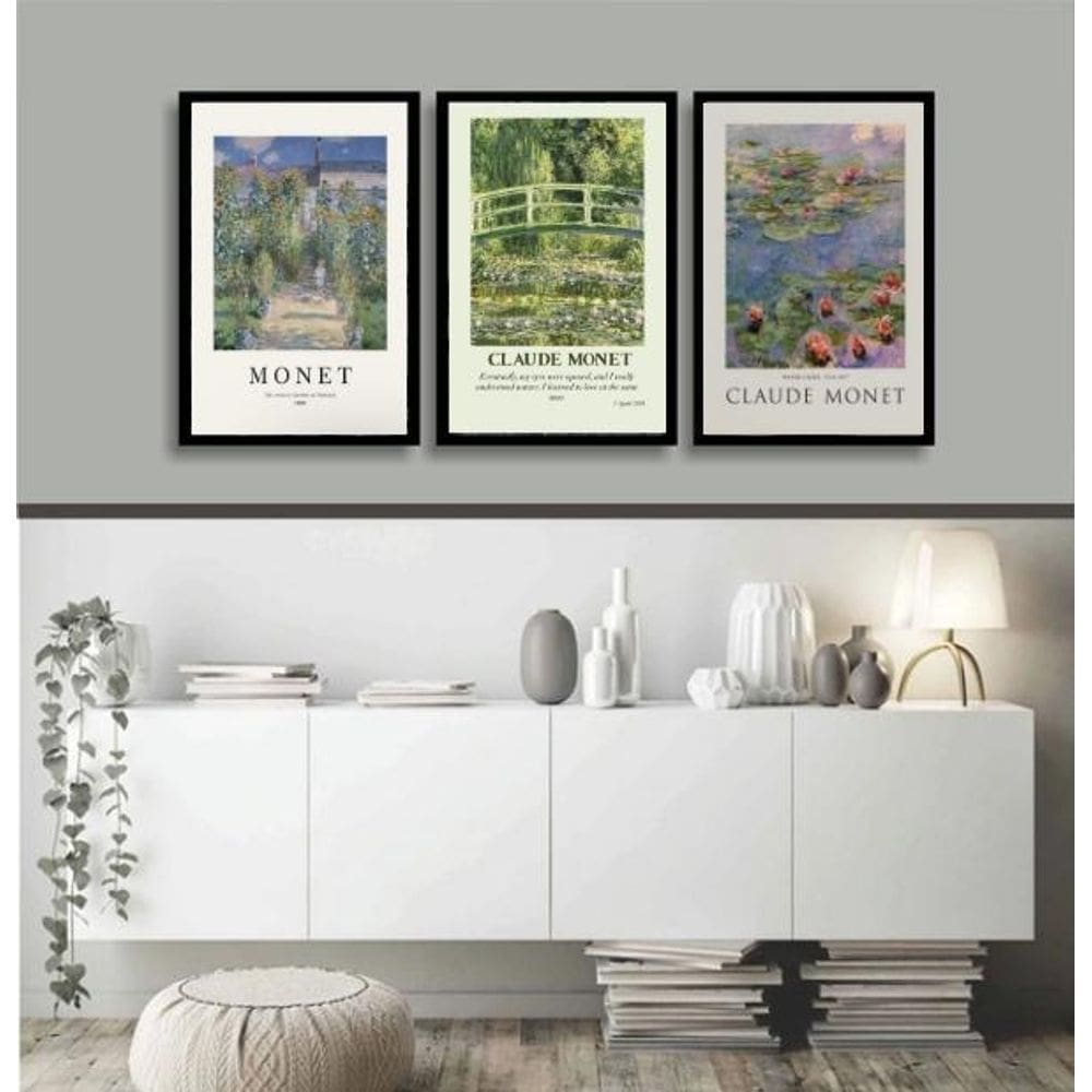 Kit 3 Quadros Decorativos Artes De Monet 24X18Cm - Com Vidro
