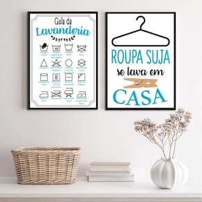 Kit 2 Quadros Lavanderia Soft - Azul 45X34Cm - Com Vidro