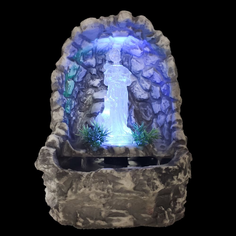 Fonte de água decorativa São Francisco gruta cascata luz colorida
