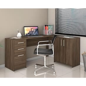 Mesa de Escritório em L 2 Gavetas 3 Portas Havana Notável Nogal
