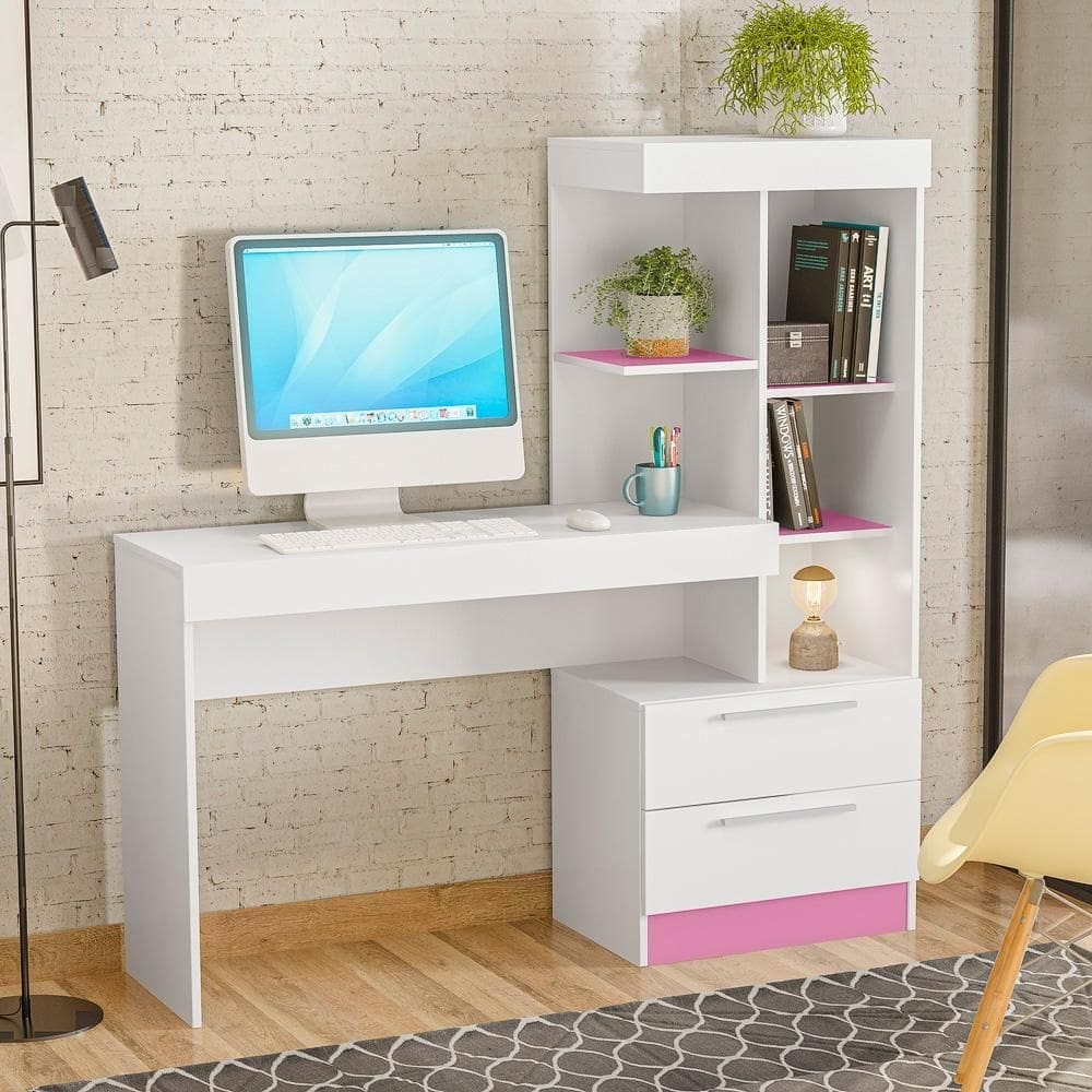 Escrivaninha com Estante 2 Gavetas Santorini Notável Branco/Rosa