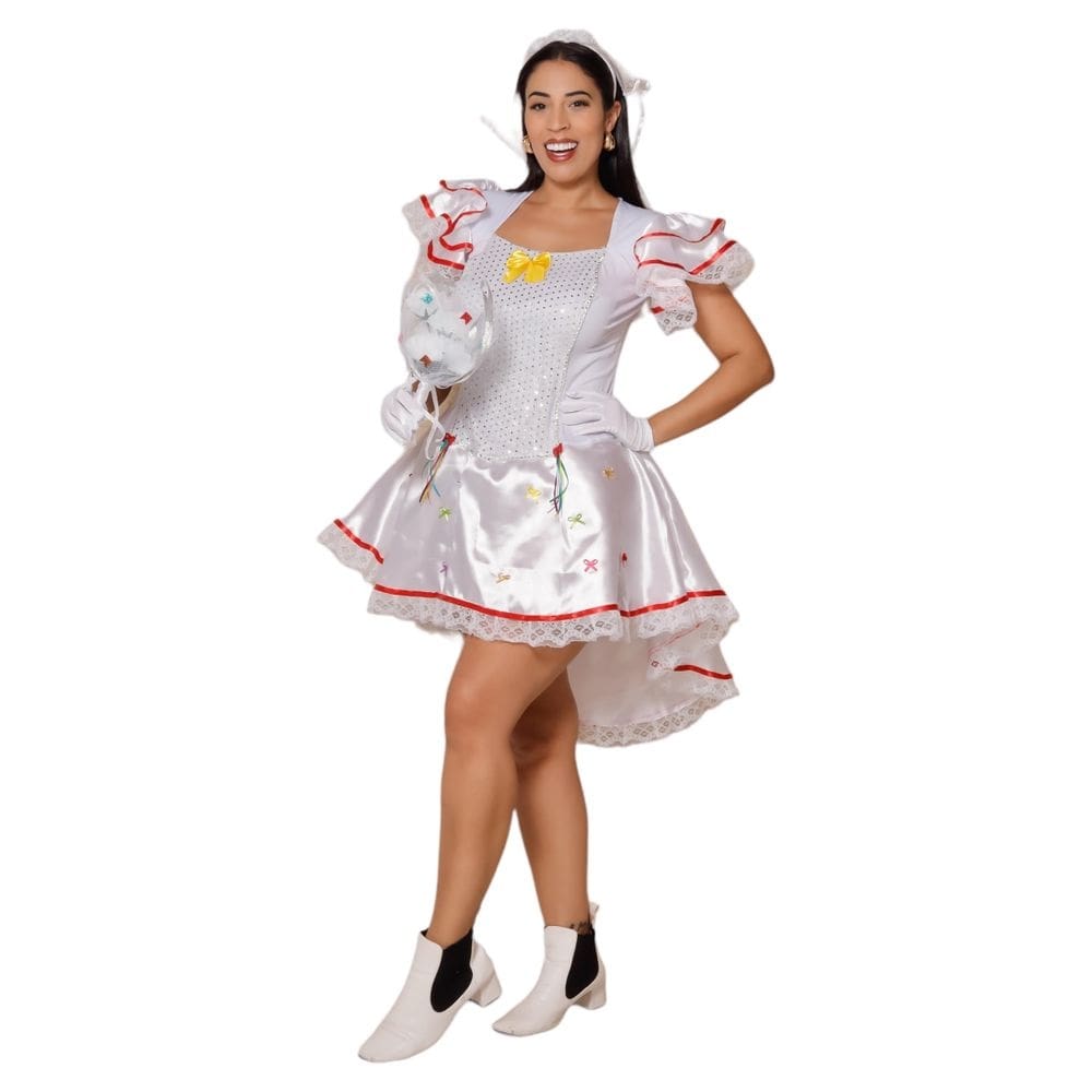 Fantasia Completa Noiva Caipira Adulto Vestido Festa Junina Casamento Quadrilha São João Quermesse Arraiá