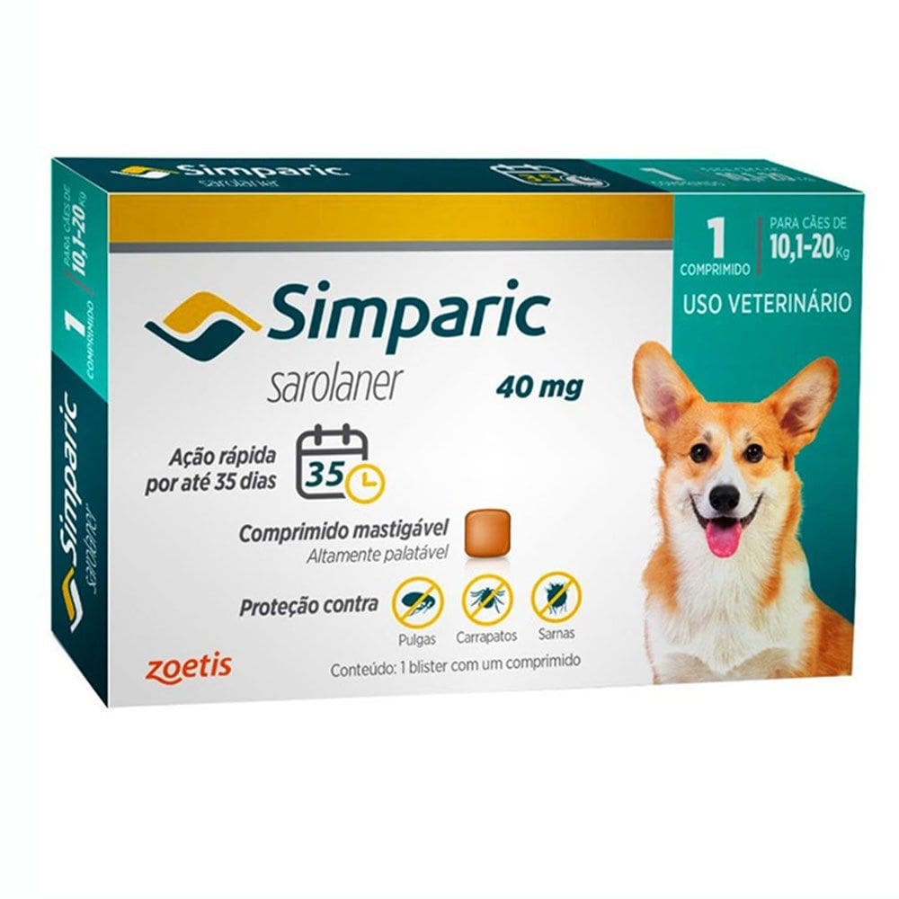 Simparic Antipulgas e Carrapatos 40mg Para Cães de 10,1 a 20kg 1 Comprimido