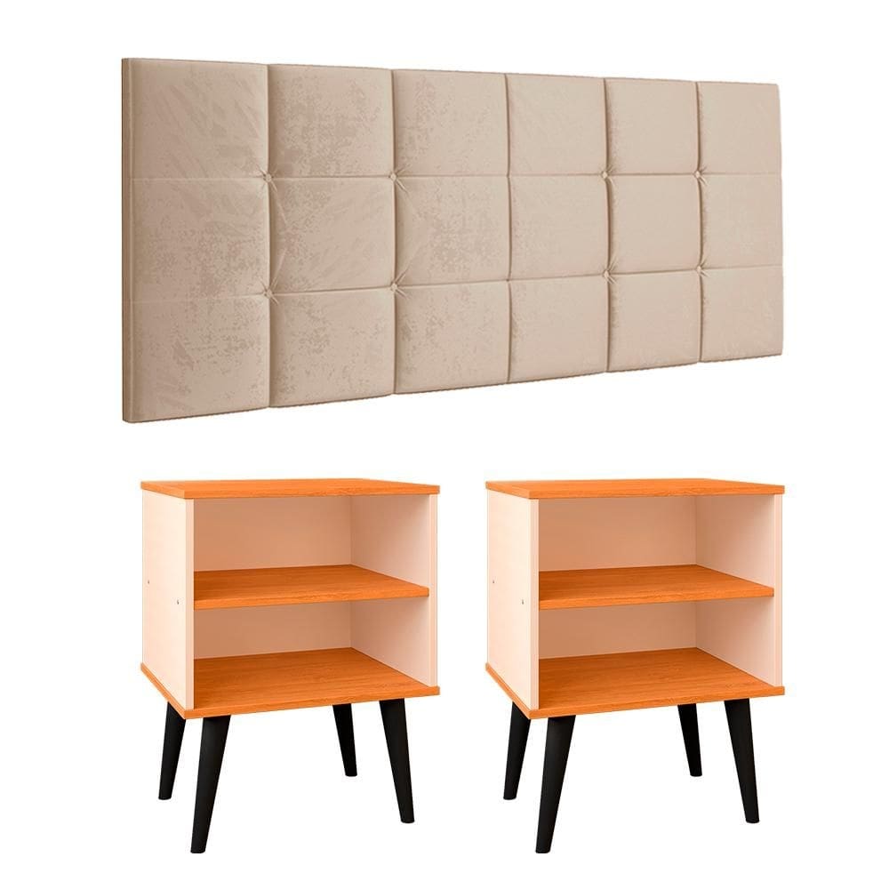 Kit 2 Mesinhas Canto Lateral Nicho Decoração Retrô Cabeceira Suspensa Almofadada Painel Cama Box Casal 1,40 Quarto Completo - RPM