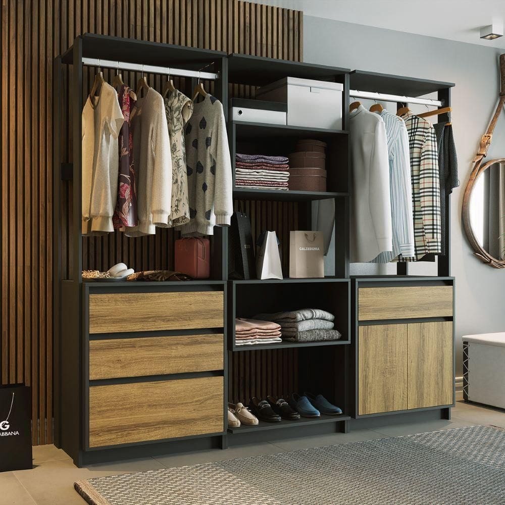 Closet Aberto Com Gavetas E Cabideiros Verona Preto Cinamomo Shop JM - Preto