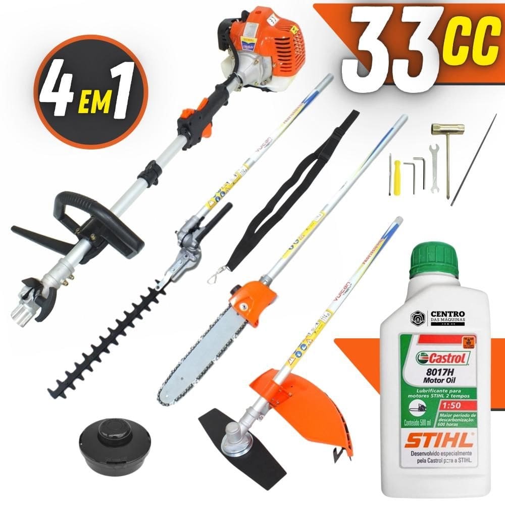 Roçadeira Profissional Multifuncional Vulcan VRM330 33cc 1,3Hp Á Gasolina 2 Tempos C/ Faca 2 Pontas, Carretel Nylon + Podador de Galhos e Cerca Viva